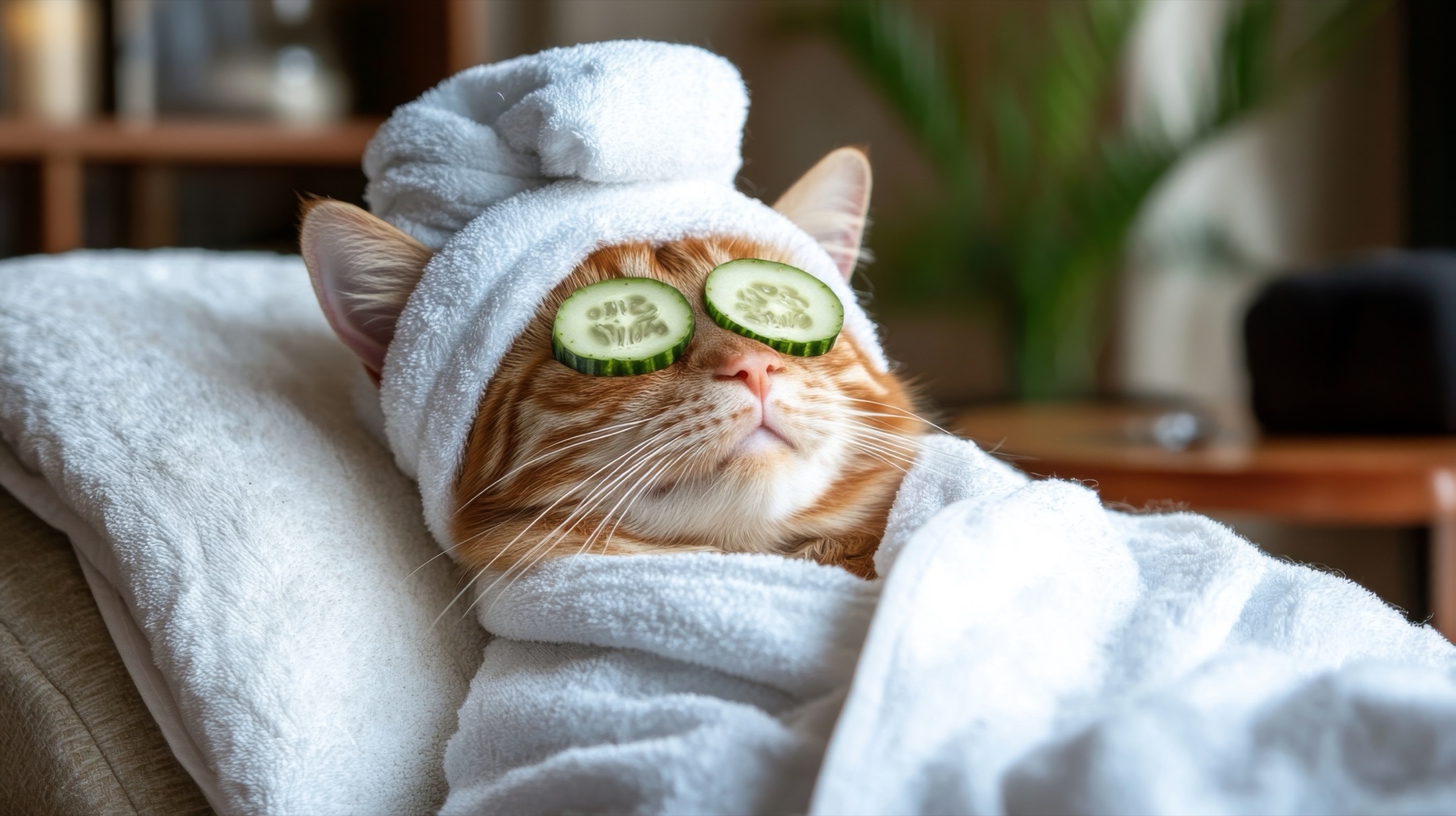 Spa cucumber treatment scene with towels and a relaxed cat