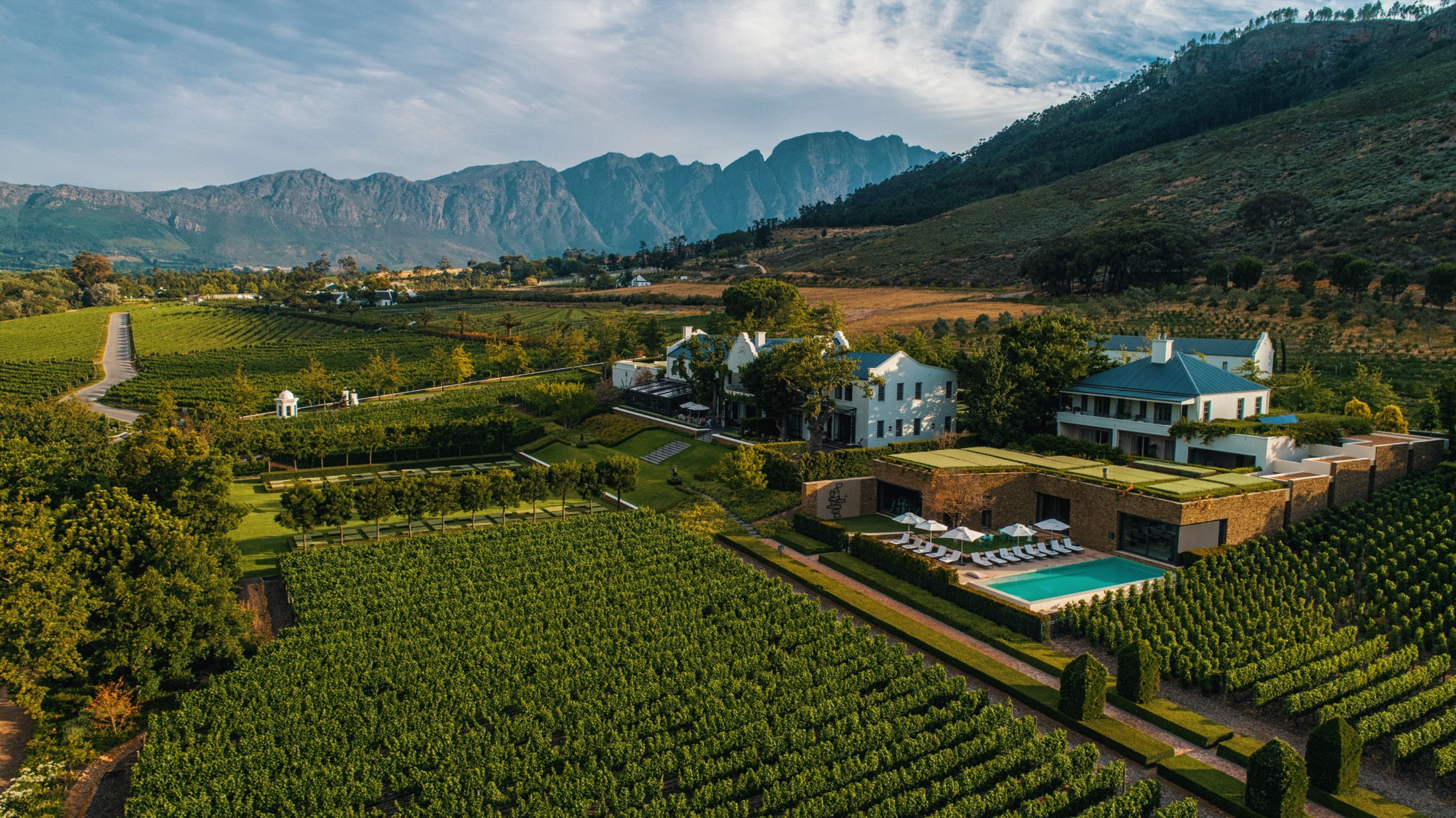 Cape Winelands vineyard estate with mountain views